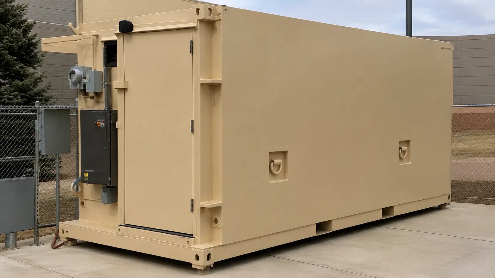 Finished tactical equipment enclosure staged outdoors