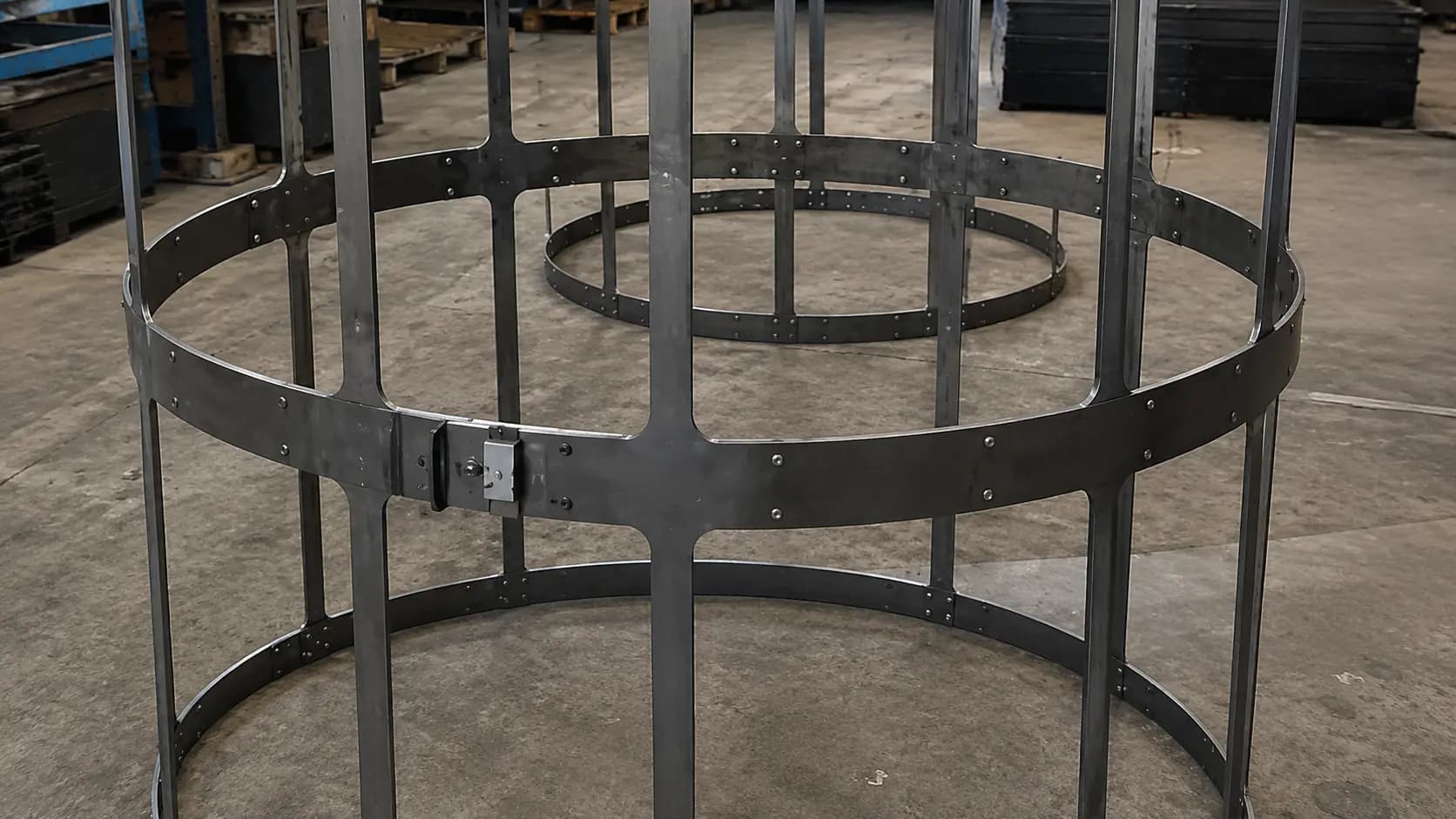 Cylindrical fabricated steel cage structure for agricultural equipment