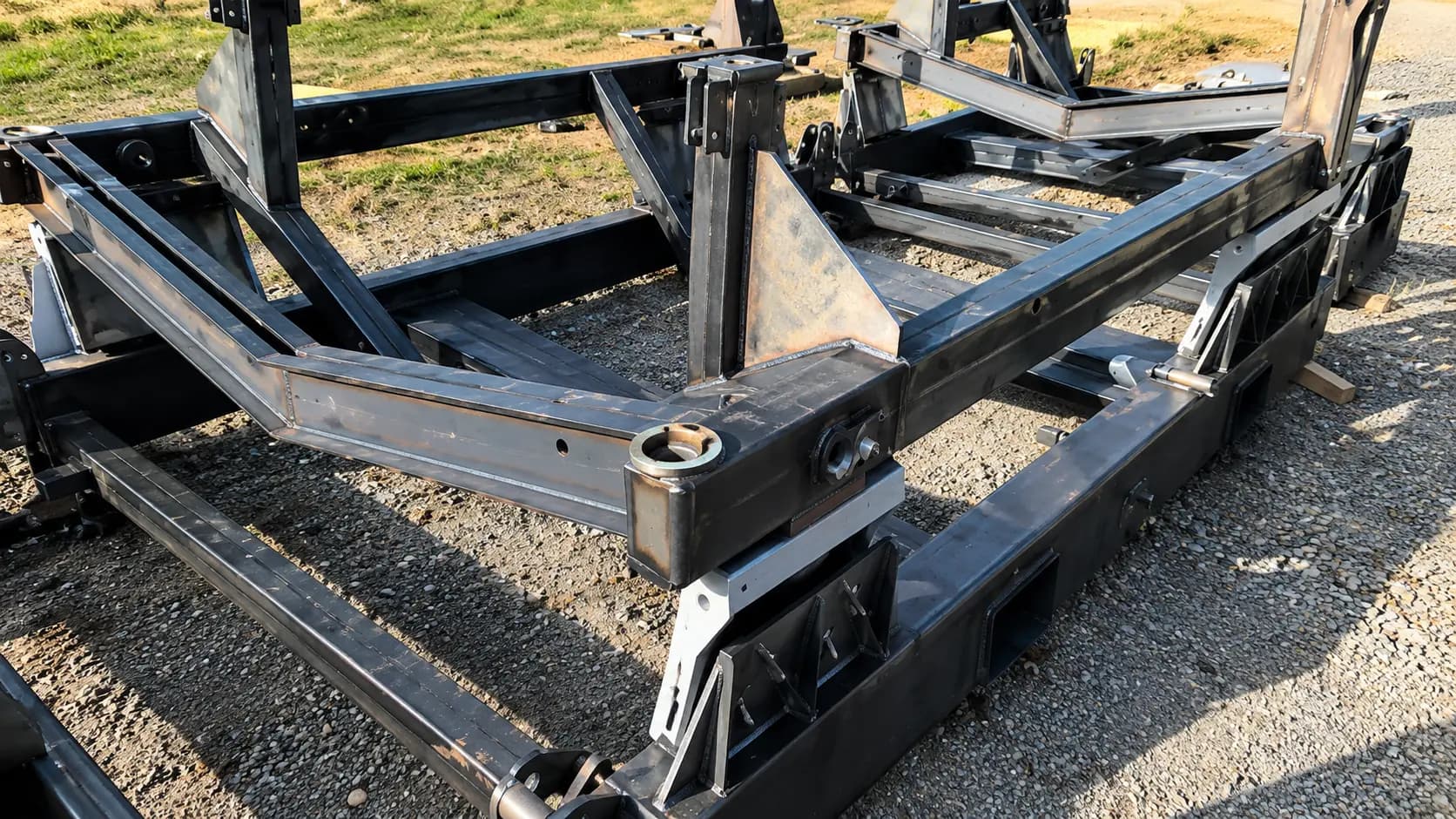 Fabricated steel production-line structure staged outdoors