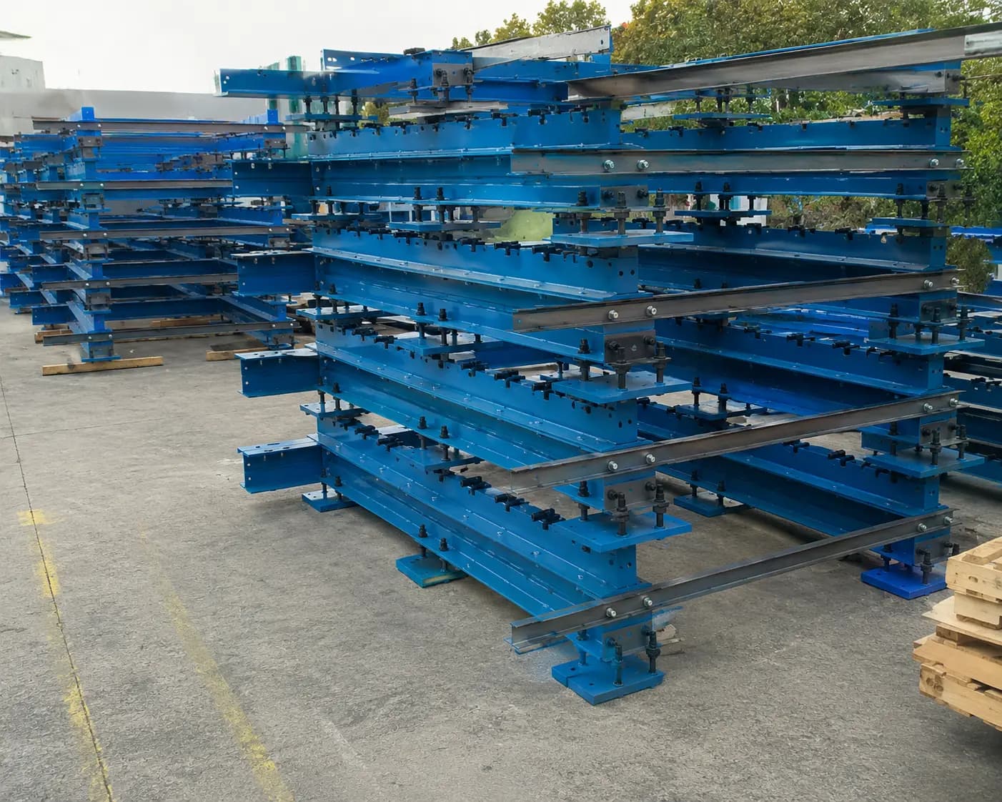 Blue cantilever racks holding fabricated steel stock