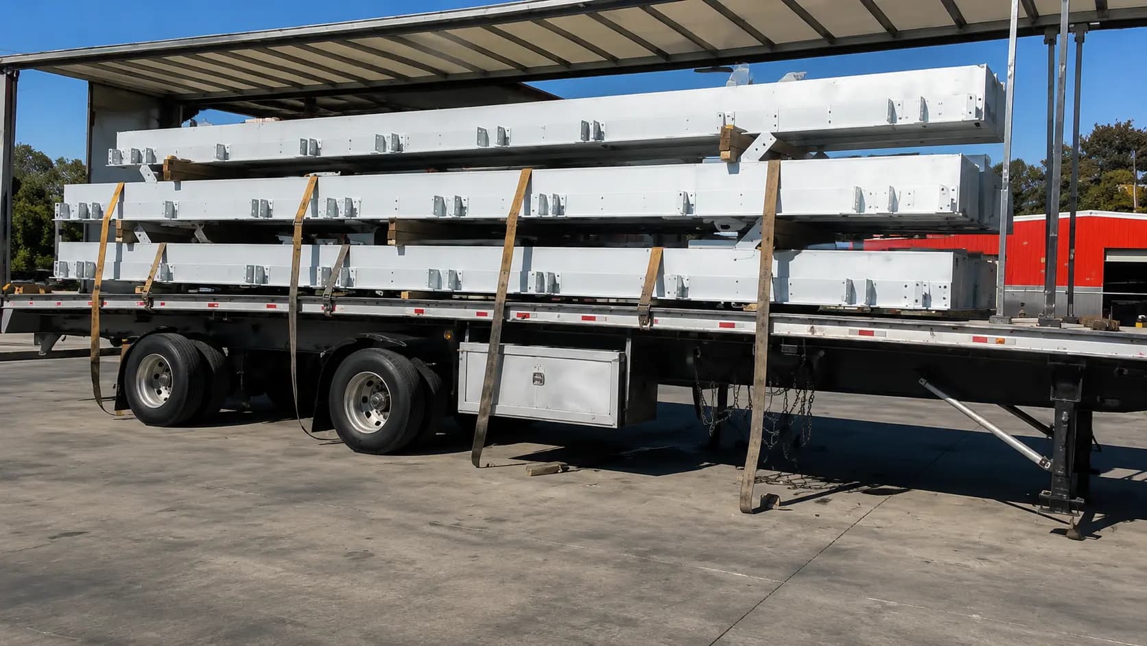Fabricated steel assemblies loaded on a trailer for shipment