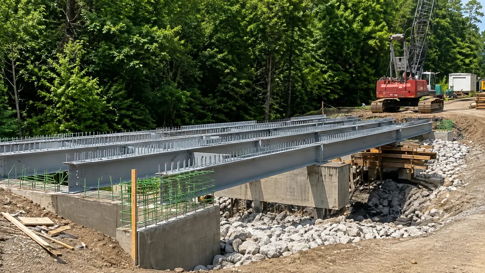 Girder bridge under construction over a creek in a wooded area