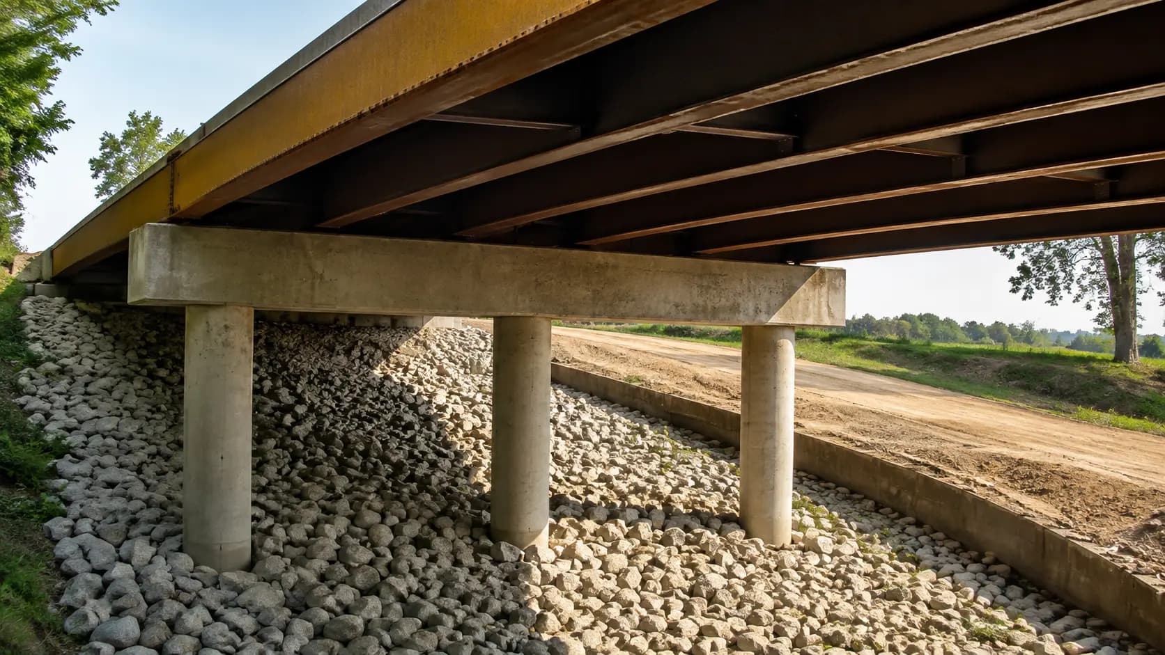 Underside of a bridge showing fabricated steel girders on concrete piers