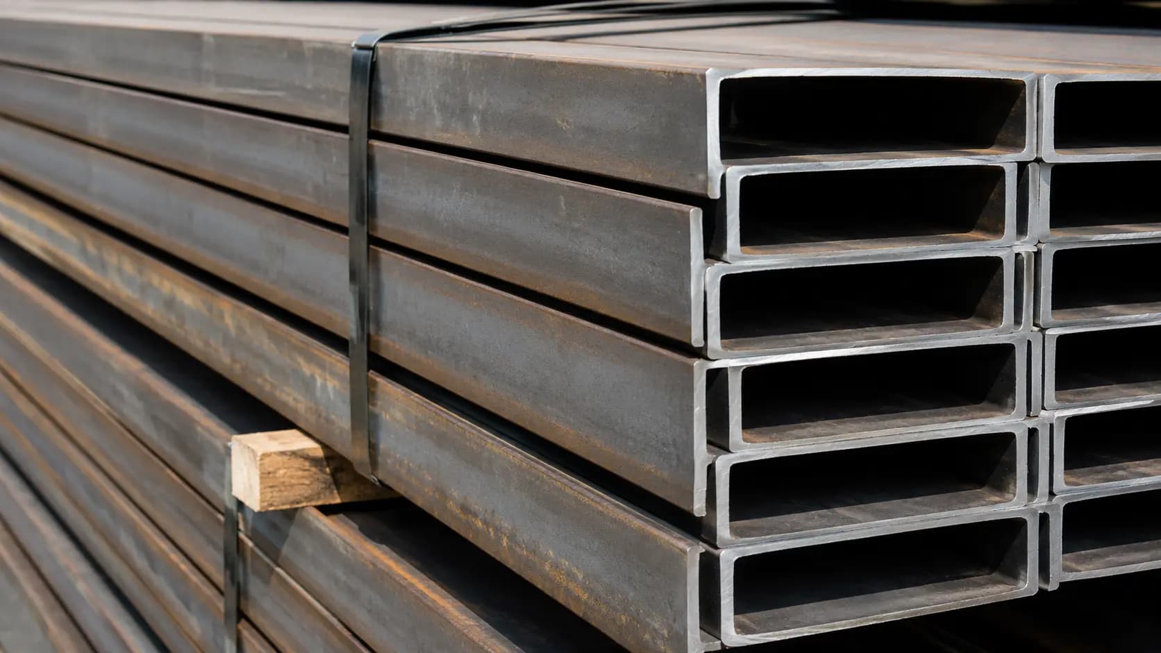 Stacked wide-flange steel beams in storage with rolled markings