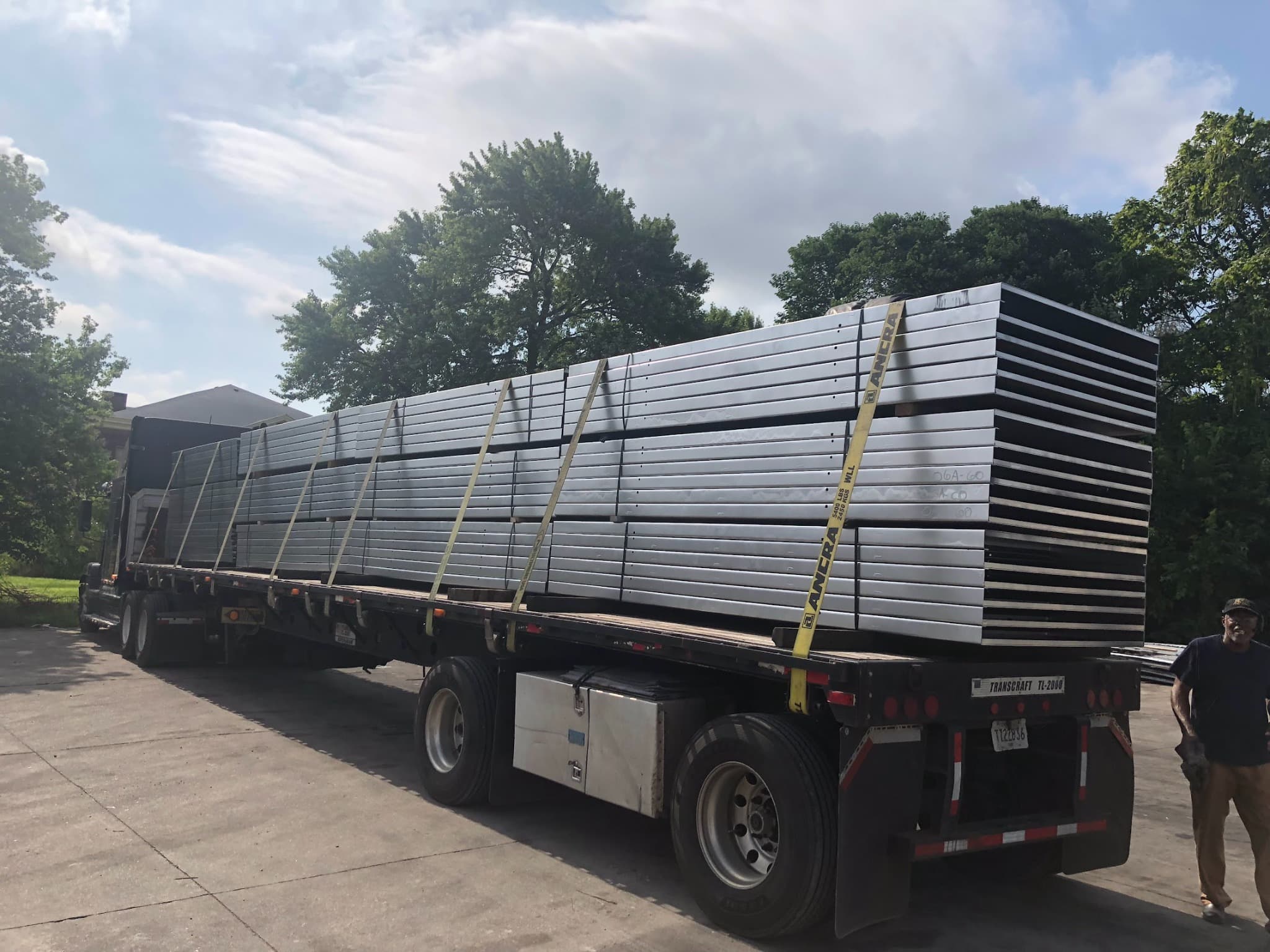 Flatbed truck loaded with fabricated steel for shipment