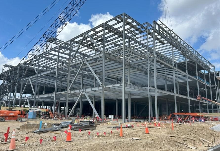 Structural steel frame of a data center under construction