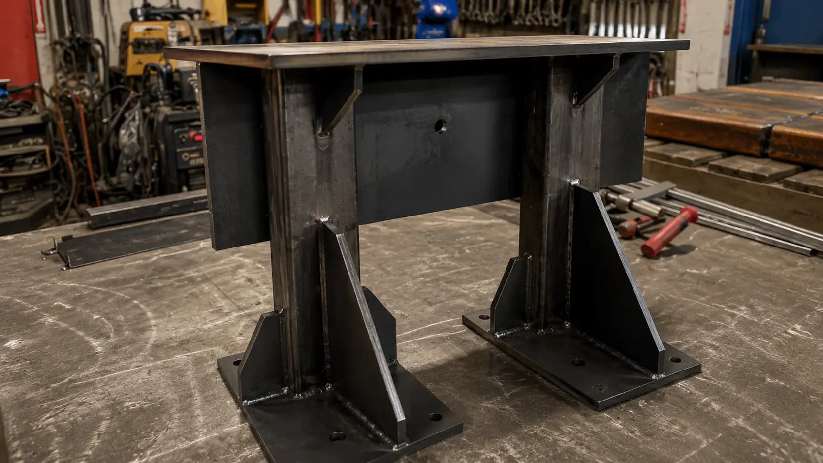 Fabricated steel frame clamped on a work table during assembly