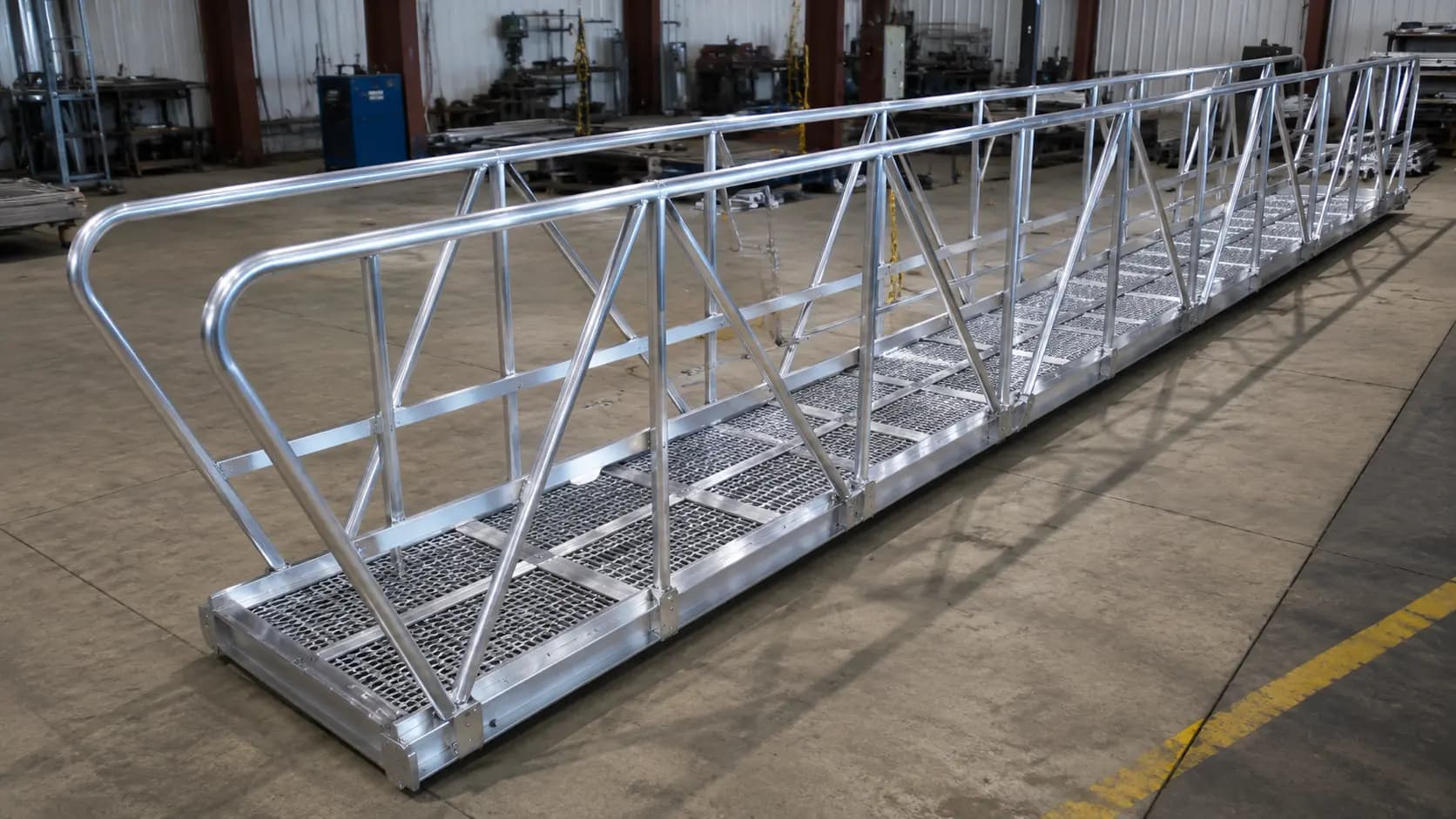 Galvanized steel access walkway with grating and handrails