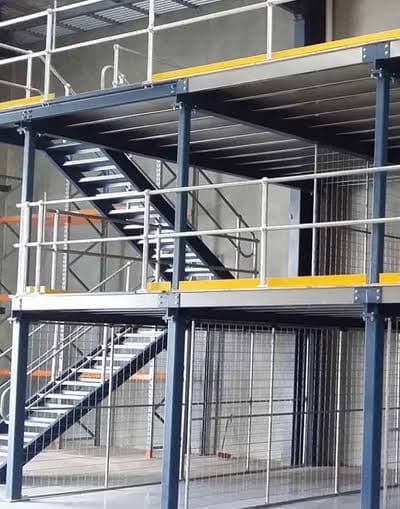 Multi-level steel mezzanine and rack structure with access