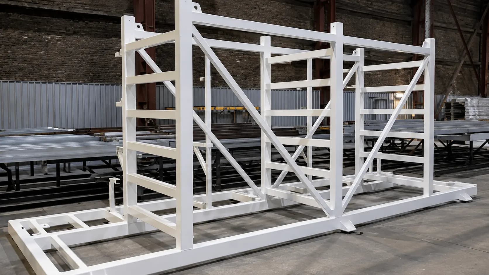 White-painted fabricated steel rack structures staged for shipment