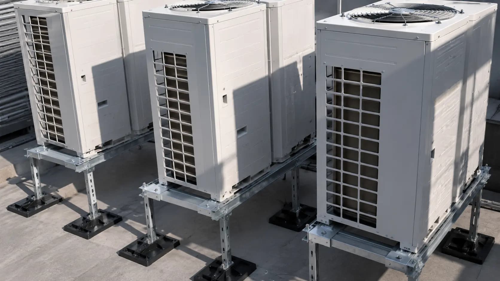 Row of HVAC condensing units on fabricated steel support stands