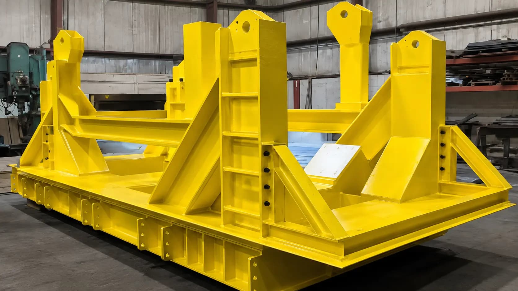 Large yellow-painted fabricated equipment base in the shop