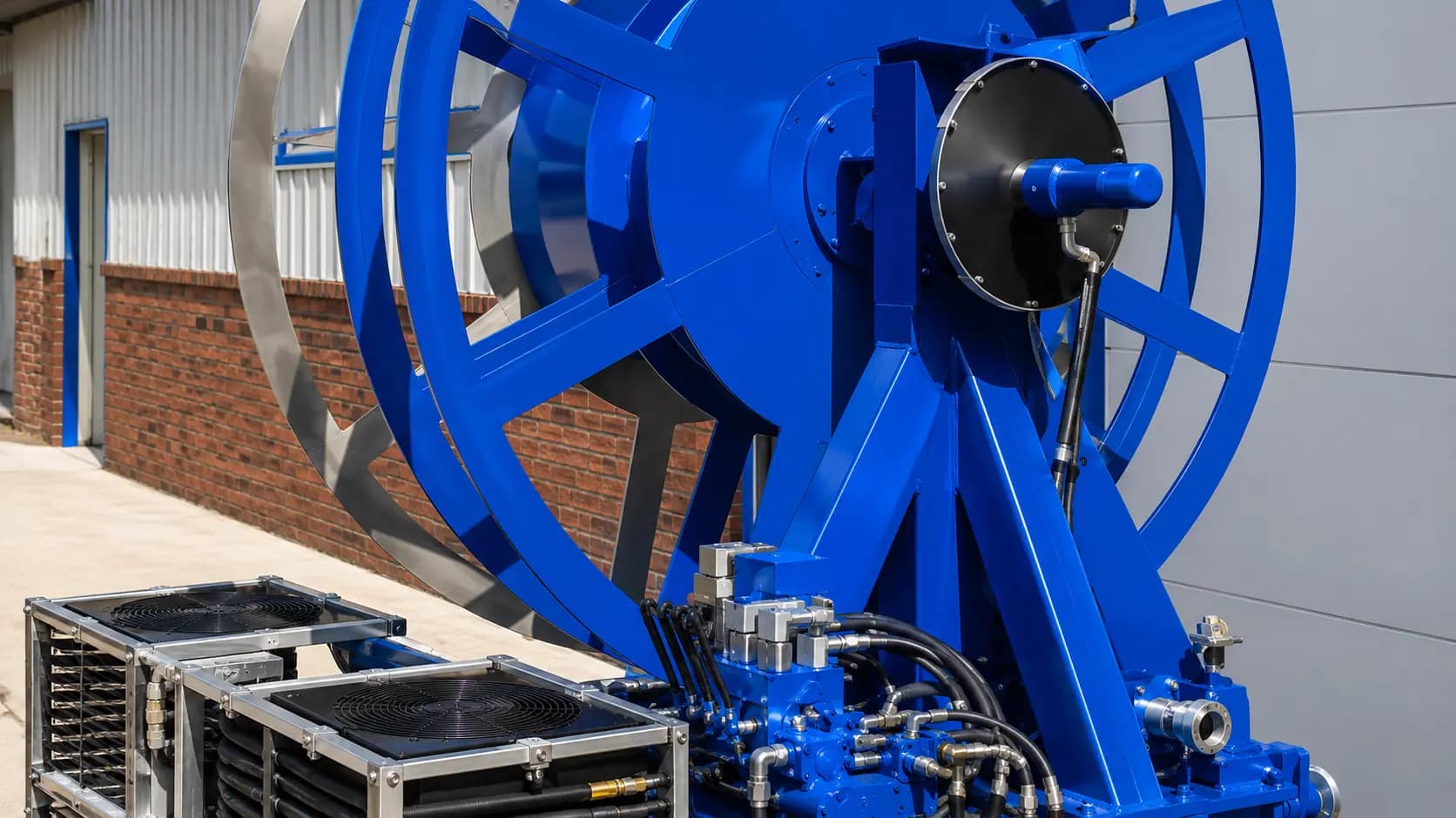 Blue painted industrial machine unit assembled and finished