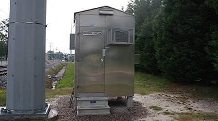 Fabricated steel signal enclosure beside railroad tracks