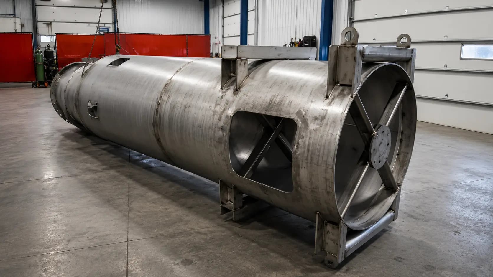 Large stainless steel fabricated tank with internal vanes on the shop floor