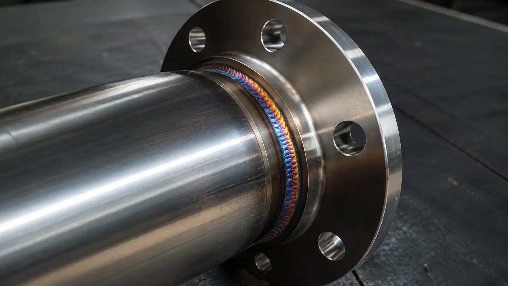 Close view of a large stainless welded flange joint with heat tint