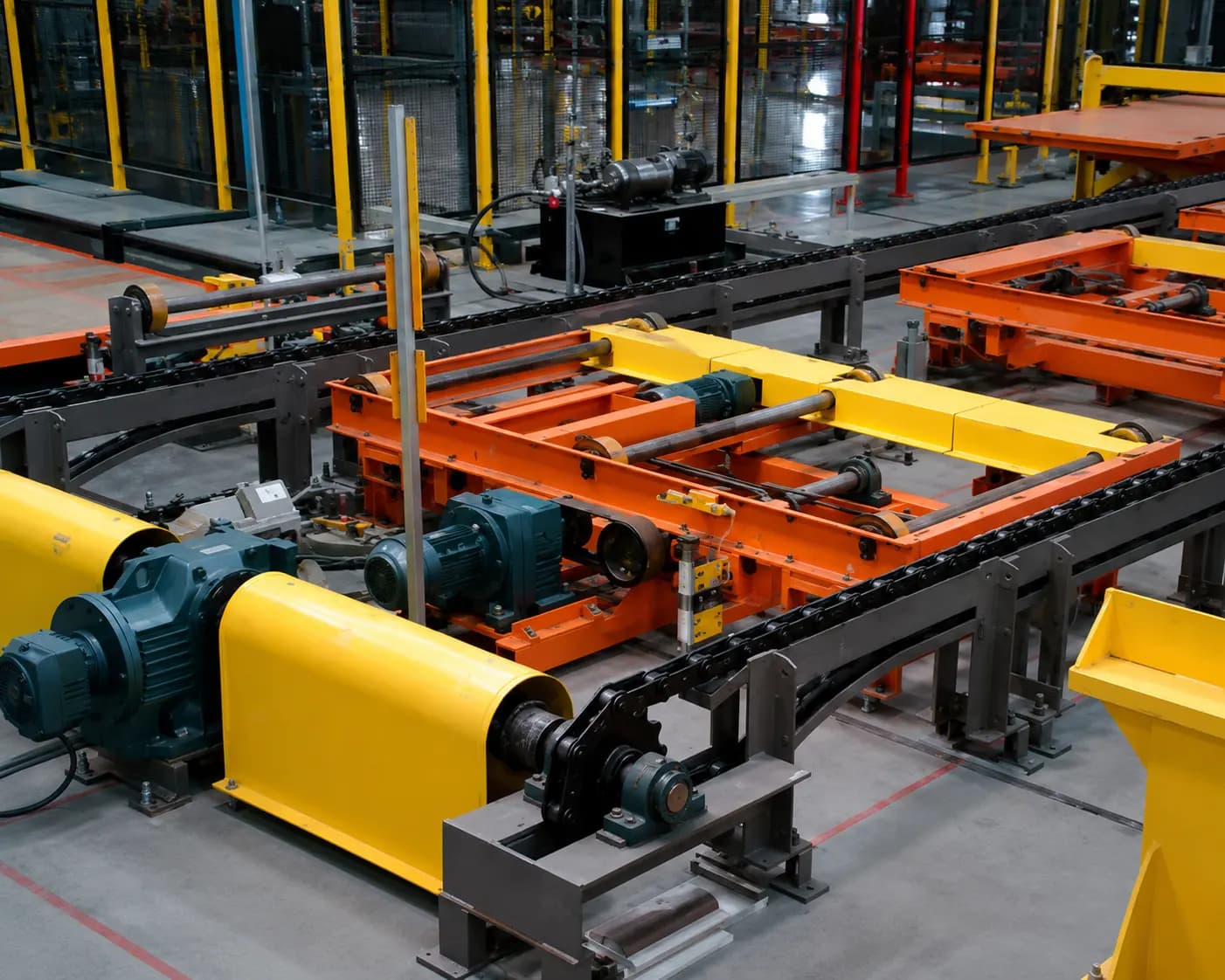 Skillet drive and transfer system machinery