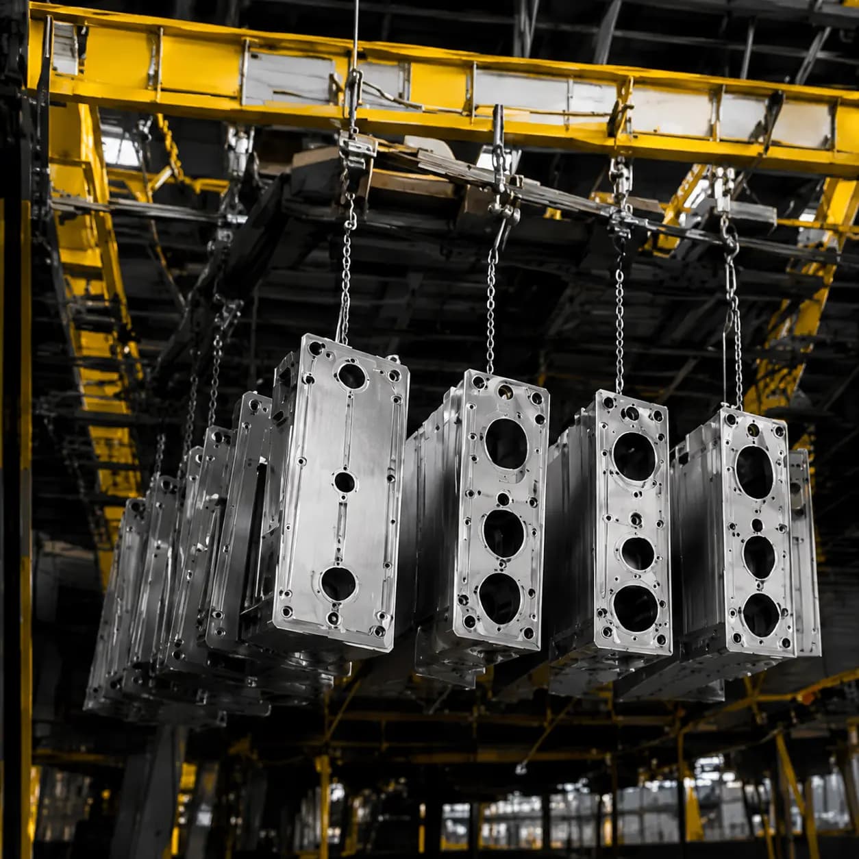 Finished steel components hanging on a coating line