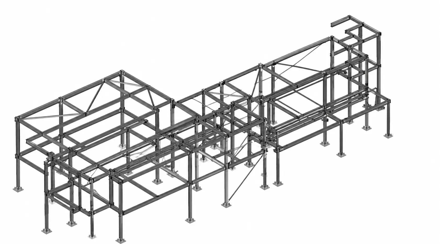 Wireframe 3D model showing a full structural steel assembly