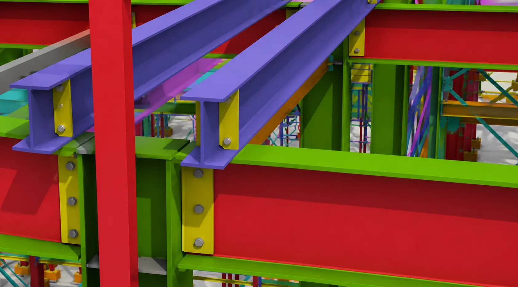 Colorful 3D CAD model of a structural steel assembly