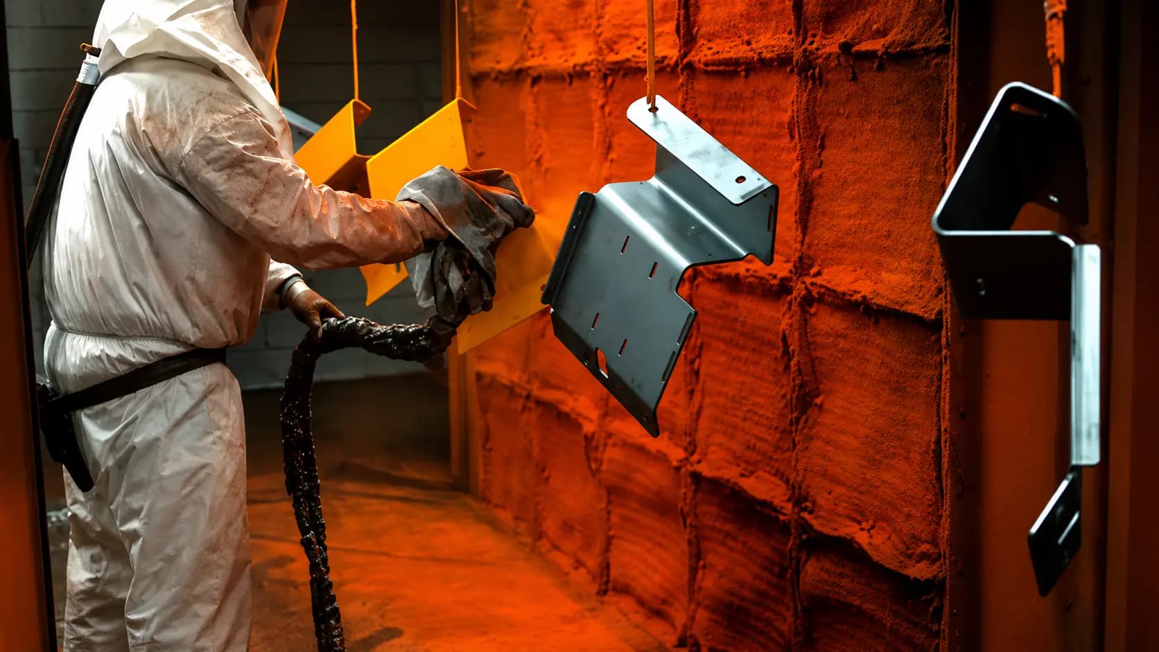 Worker spray-painting a fabricated steel bracket in a paint booth