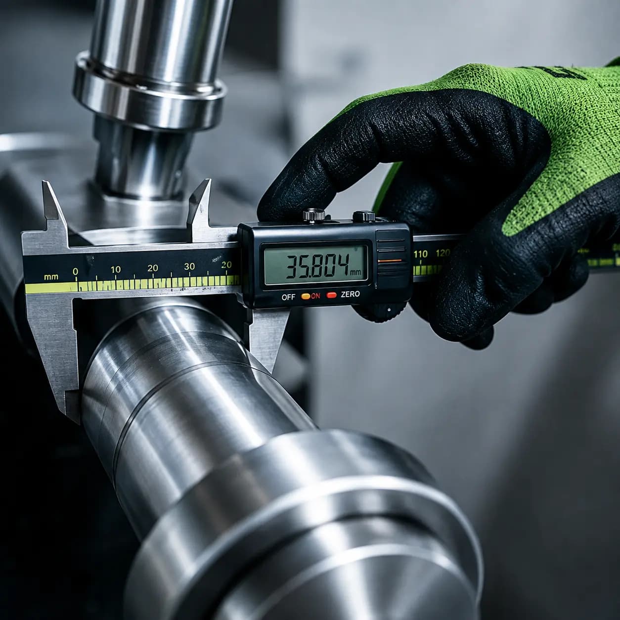 Digital caliper measuring a machined component
