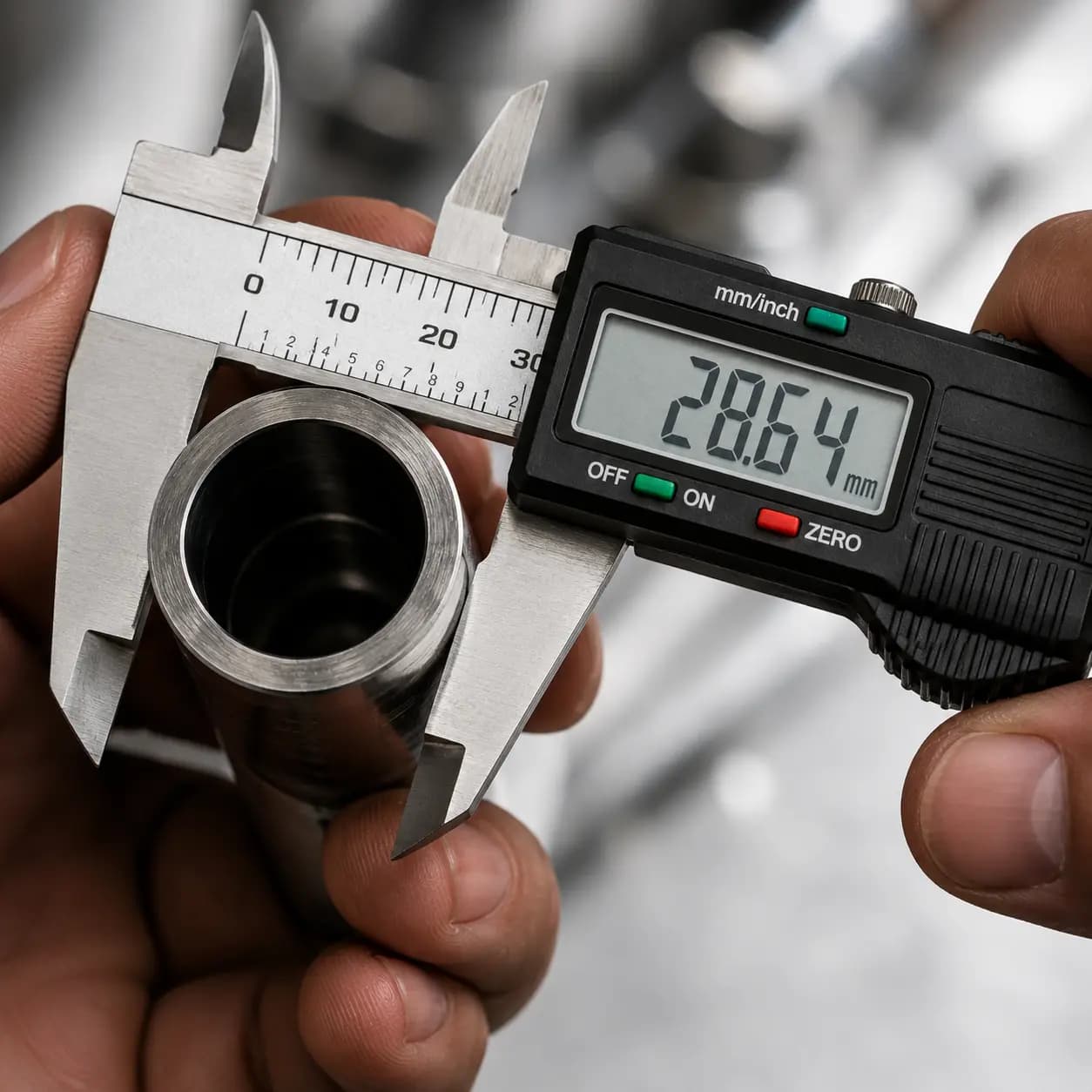 Digital caliper inspecting a fabricated tube