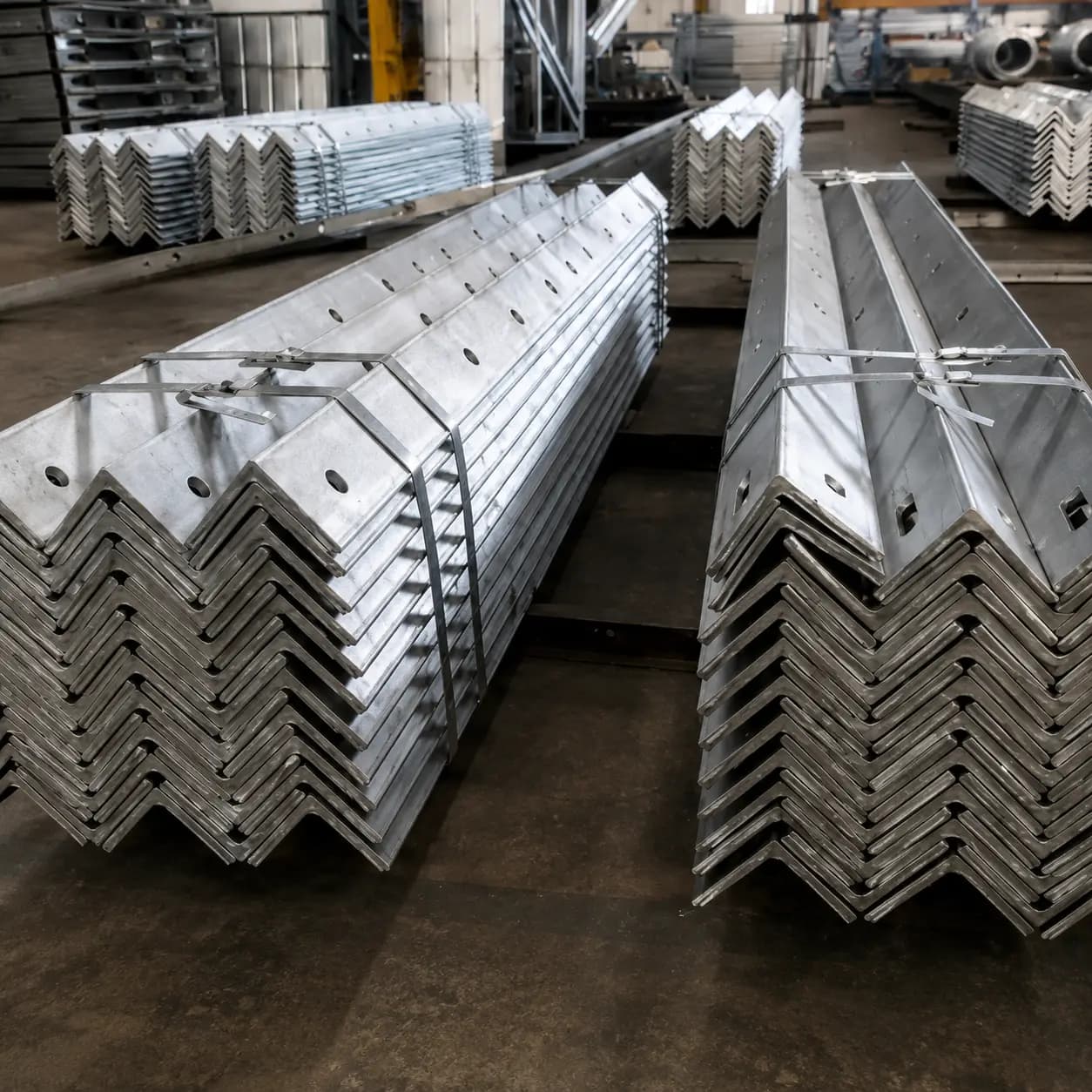 Stacks of CNC-punched steel angle sections