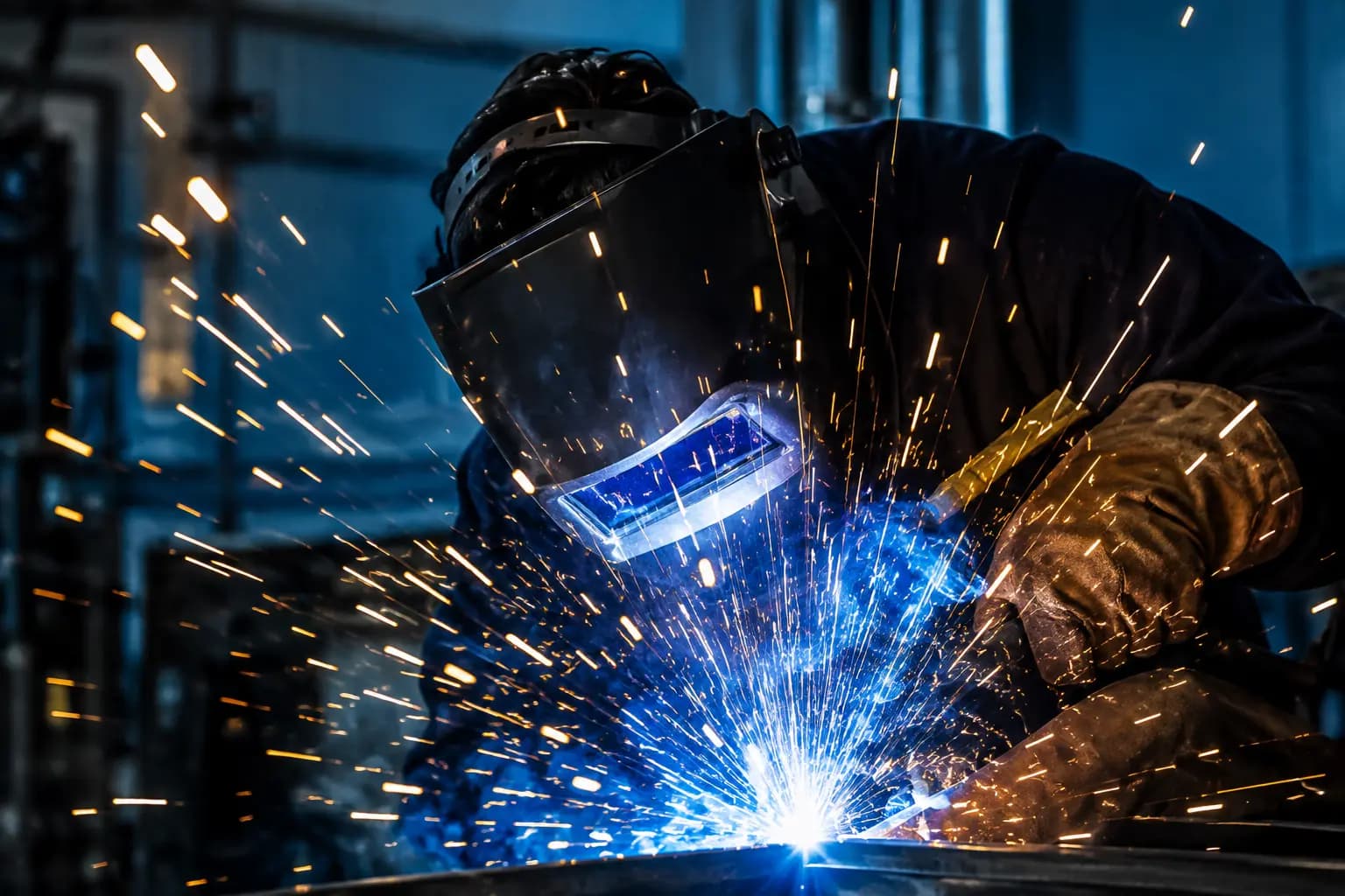 Heavy structural welding with sparks in an industrial setting